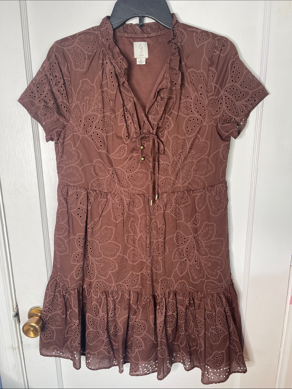 Joie Small Brown Eyelet Mini Dress Short Sleeve S Peasant Ruffle